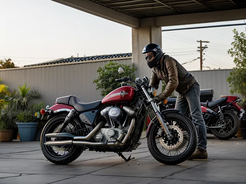 Diagnóstico de motor de moto: manómetro de compresión conectado durante el mantenimiento en un taller de patio