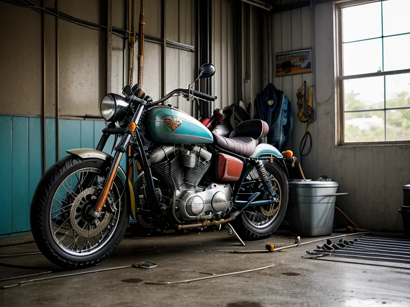 Llantas nuevas de moto listas para montar en un patio convertido en taller casero