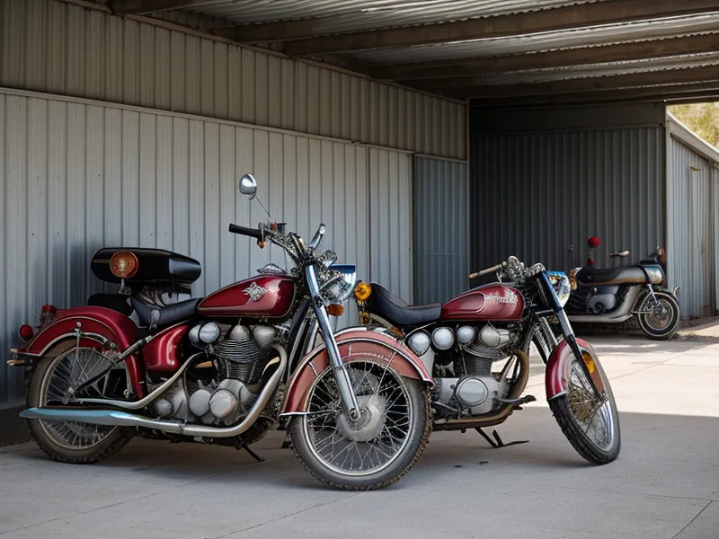 Varias motos estacionadas en un taller mecánico pequeño en el patio de una casa