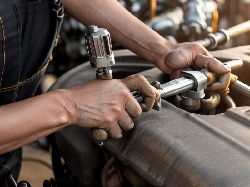 Primer plano de uso de llave de torque en motor de moto