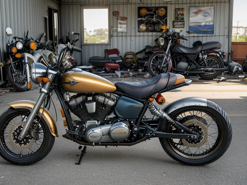 Piezas de motor de moto organizadas y limpias en una bandeja de taller