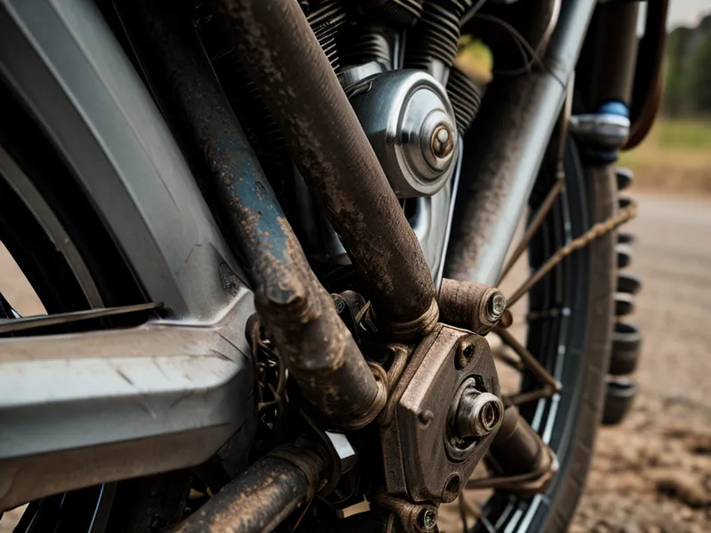 Cadena de moto sucia y herramientas de limpieza caseras como querosene y cepillo