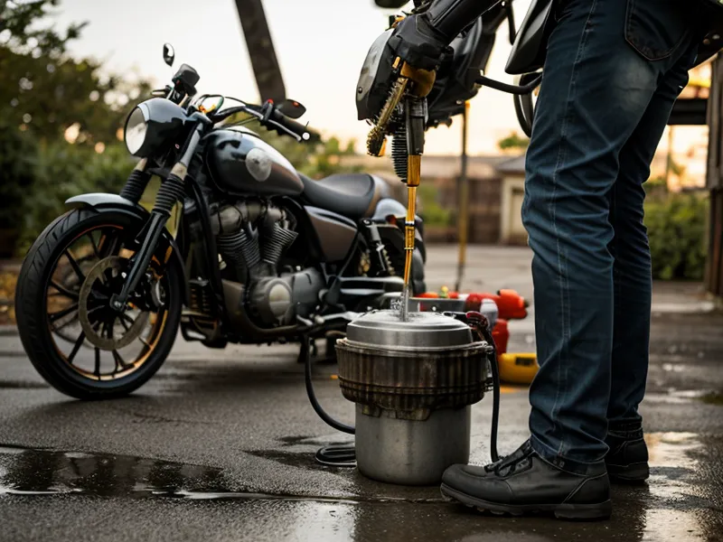 Drenaje de aceite de motor de motocicleta en un patio de casa
