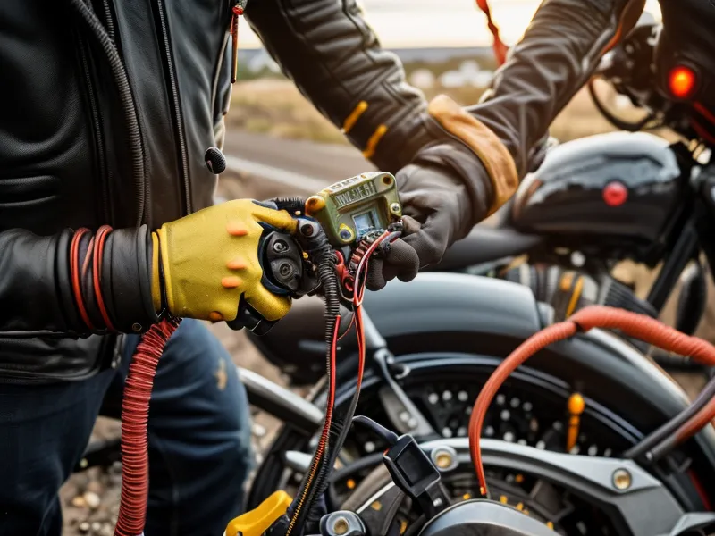 Primer plano de un multímetro midiendo cables de colores en el motor de una moto.