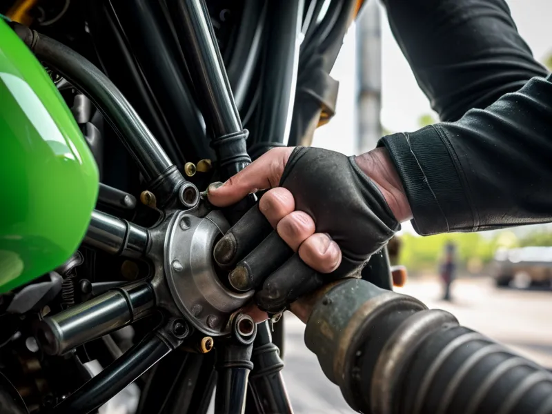 Mecánico revisando de cerca la tapa del radiador de una moto para prevenir el sobrecalentamiento del motor
