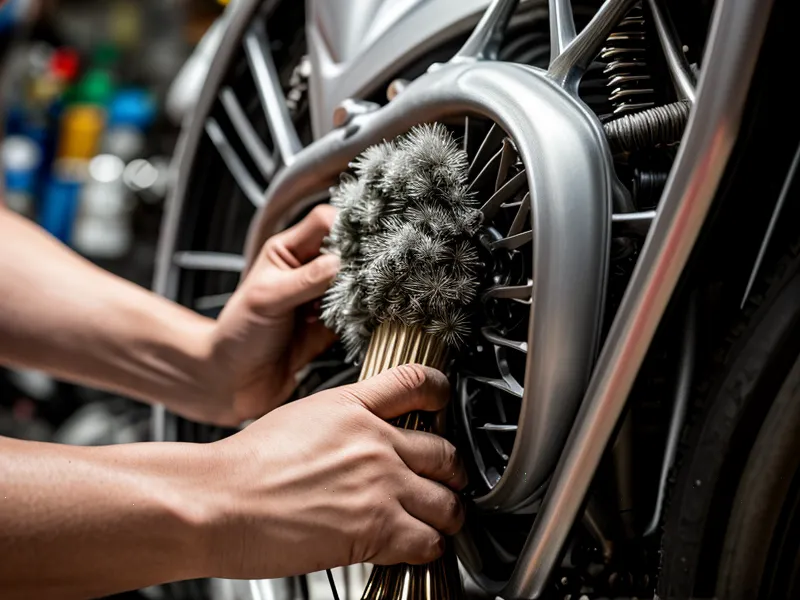 Limpieza de las aletas del radiador de una moto con un cepillo pequeño, mantenimiento preventivo de refrigeración líquida
